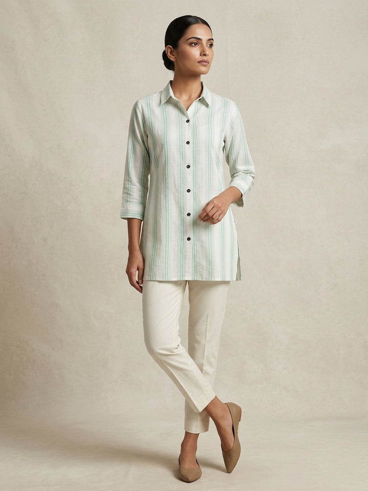 Mint Sage Striped Linen Tunic.
