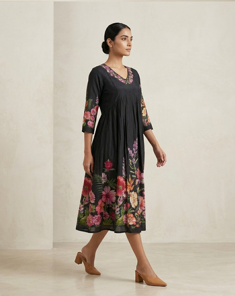 Jet Black Floral Printed Cotton A-Line Kurta with Embroidered Neckline