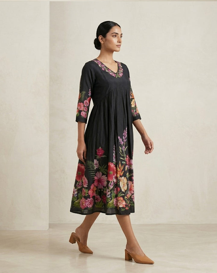 Jet Black Floral Printed Cotton A-Line Kurta with Embroidered Neckline