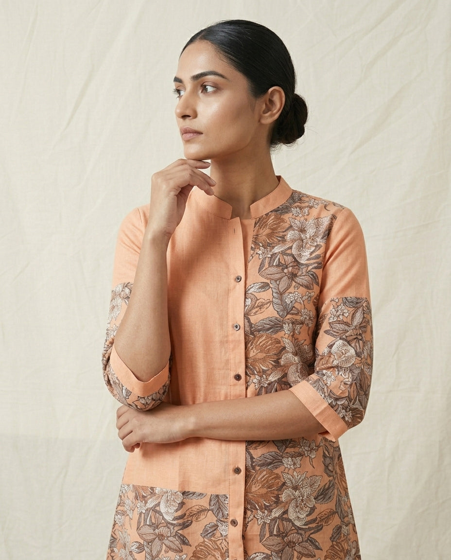 Peach Asymmetrical Floral Printed Linen Co-Ord Set