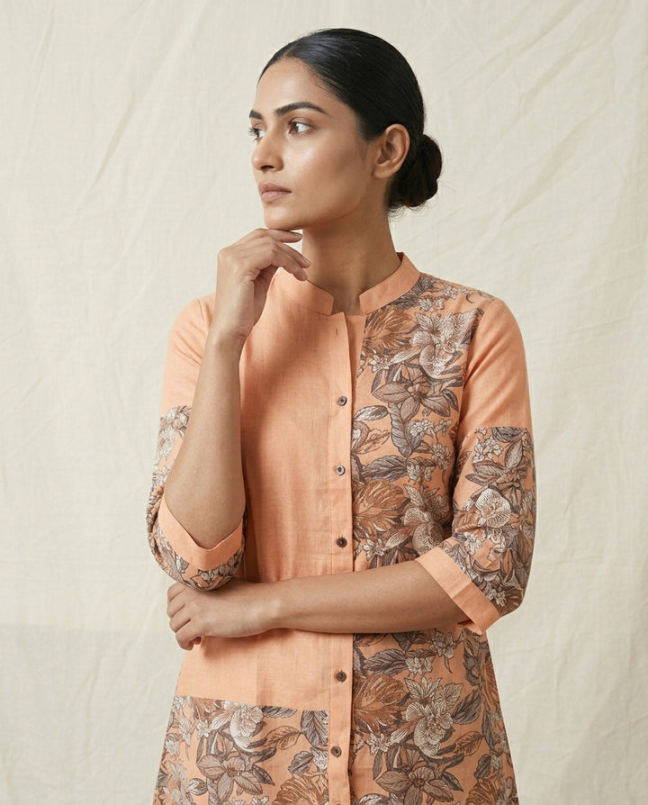 Peach Asymmetrical Floral Printed Linen Co-Ord Set