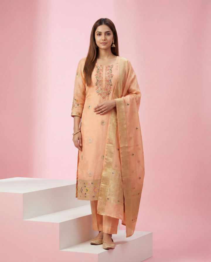 Light Orange Organza Georgette Straight 3 Piece set