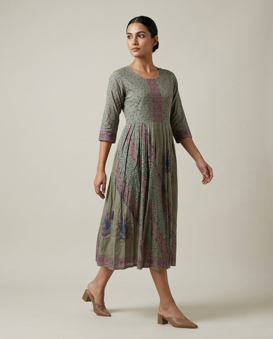 Sage Green Ethnic Printed Anarkali Cotton Kurta
