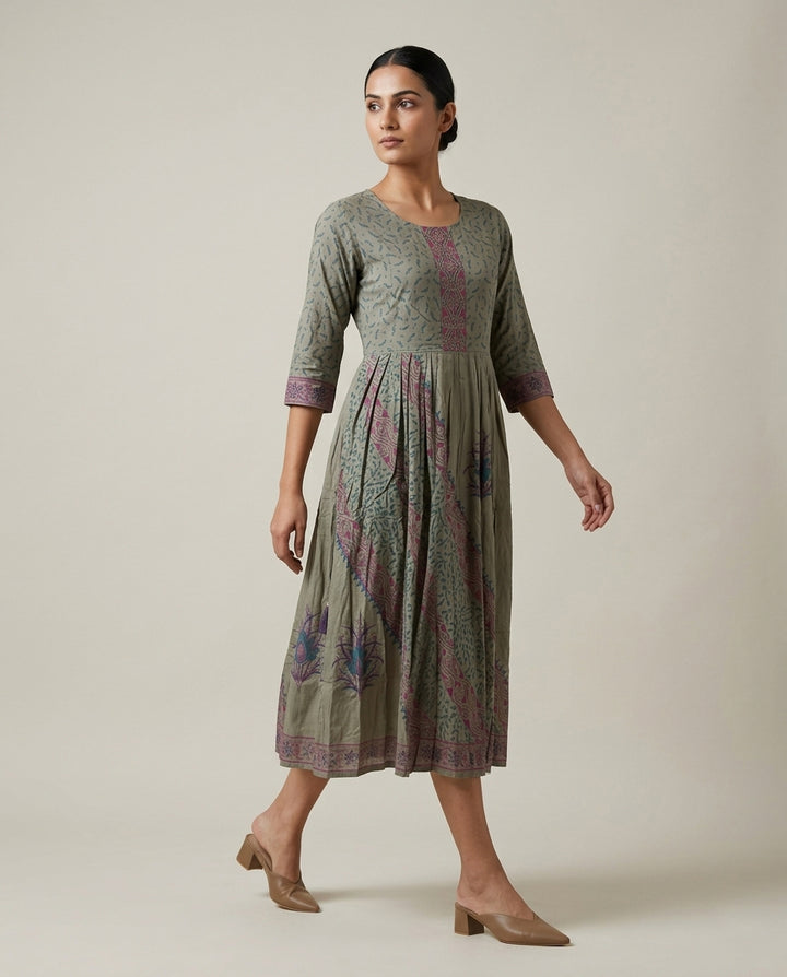 Sage Green Ethnic Printed Anarkali Cotton Kurta