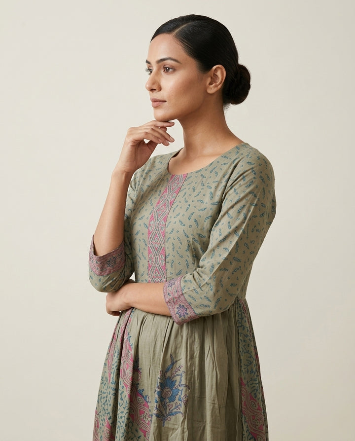 Sage Green Ethnic Printed Anarkali Cotton Kurta