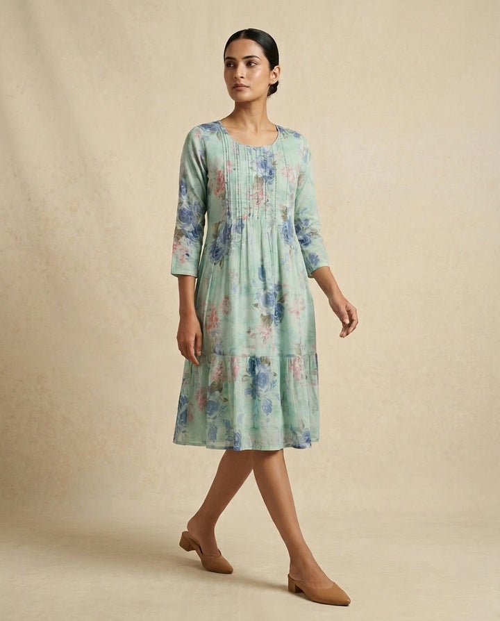 Wine "Amaya" Block-Print Cotton A-Line Midi Dress