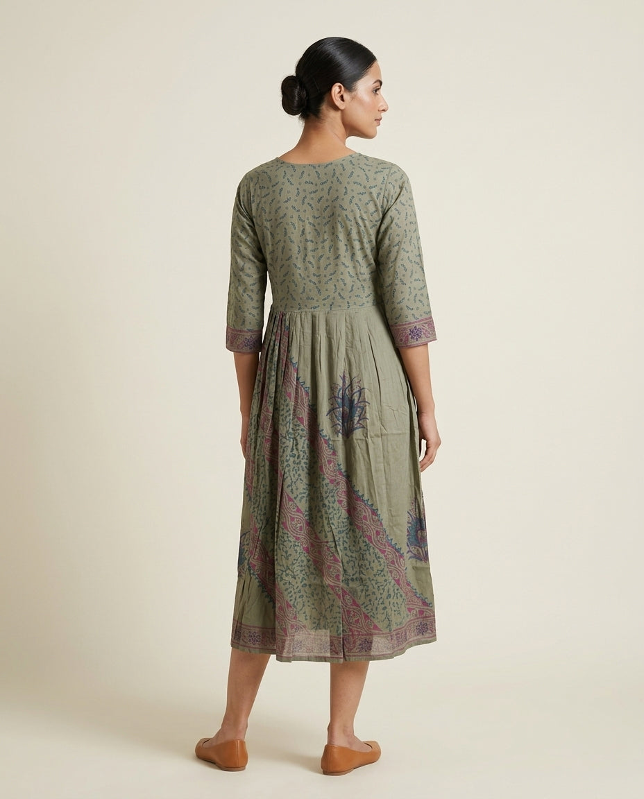 Sage Green Ethnic Printed Anarkali Cotton Kurta