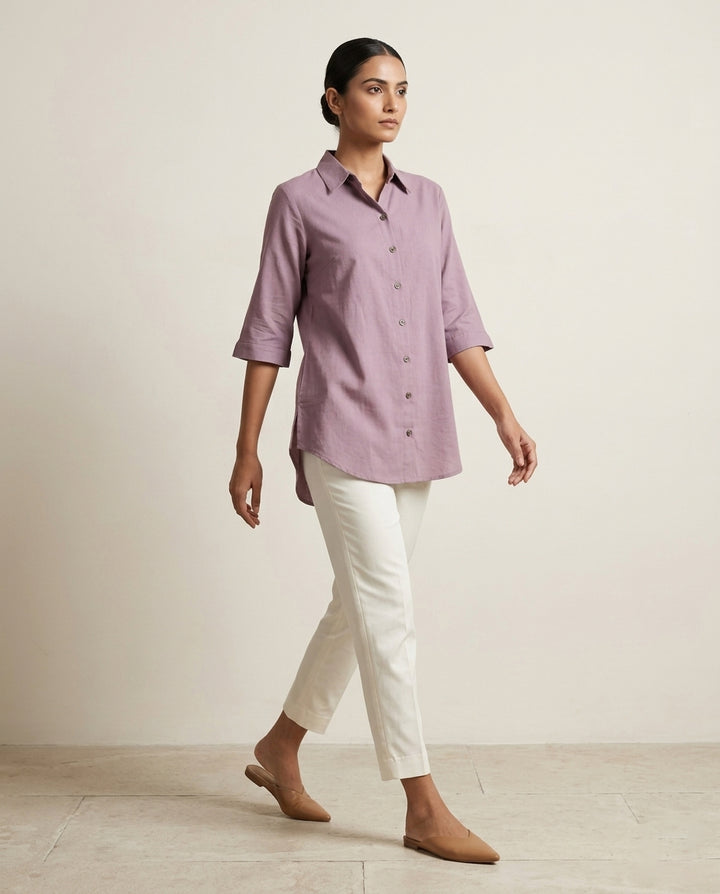 "Urban Serenity" Solid Button-Down Cotton-Linen Shirt Dress