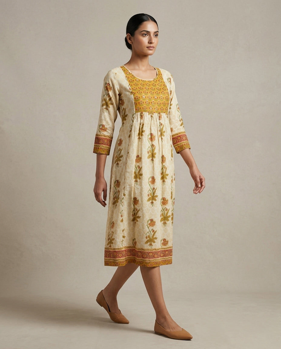 Seafoam "Floral Mosaic" Cotton Tiered Midi Dress