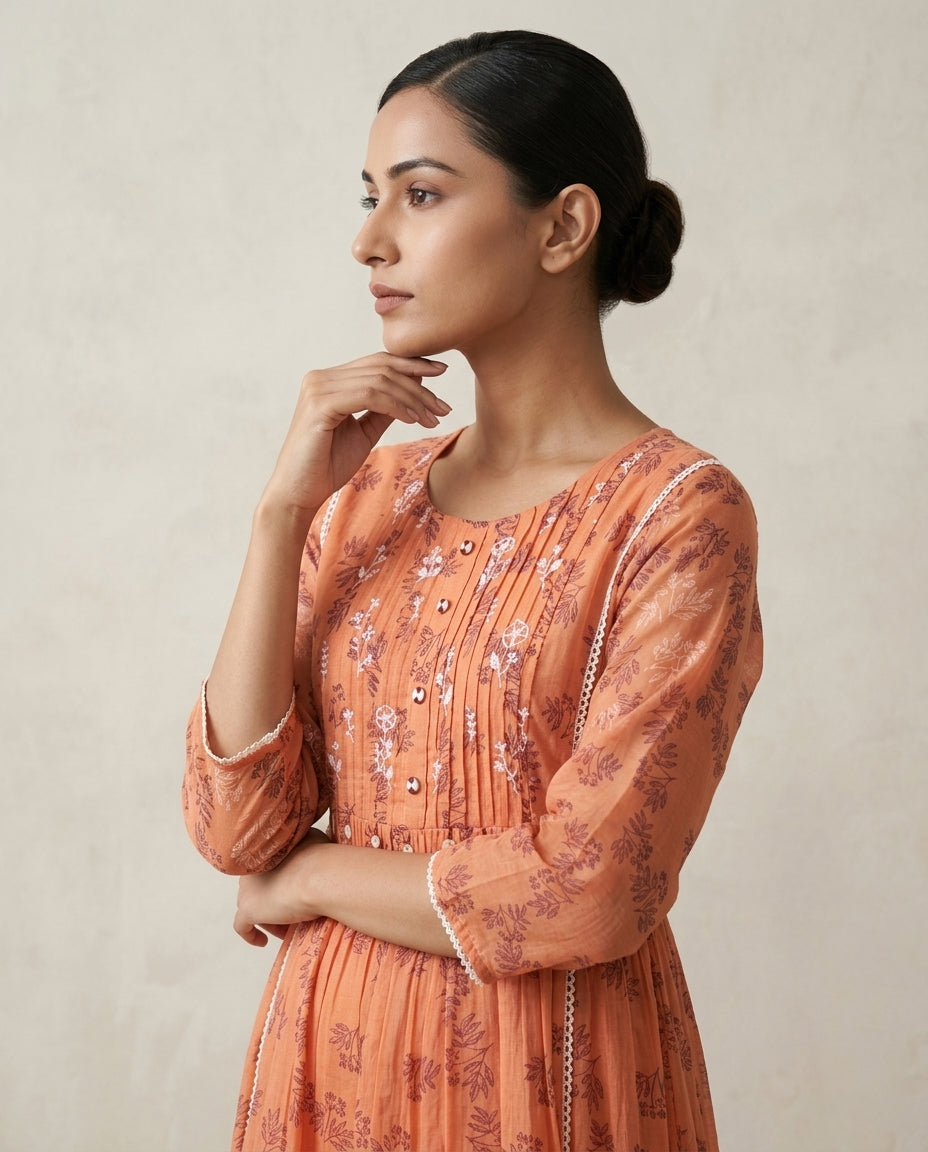 Peach "Apricot Aura" Embroidered Cotton Tiered Midi Dress