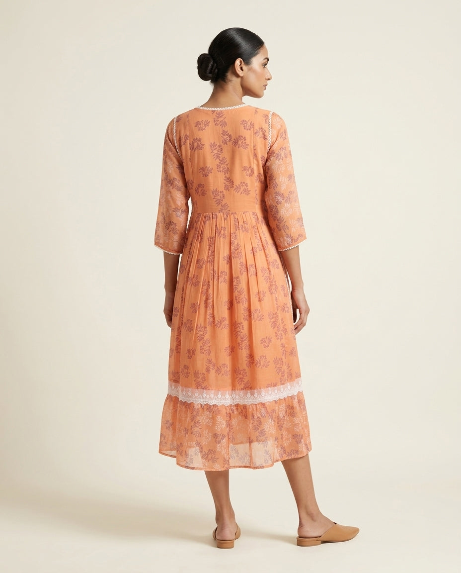 Peach "Apricot Aura" Embroidered Cotton Tiered Midi Dress