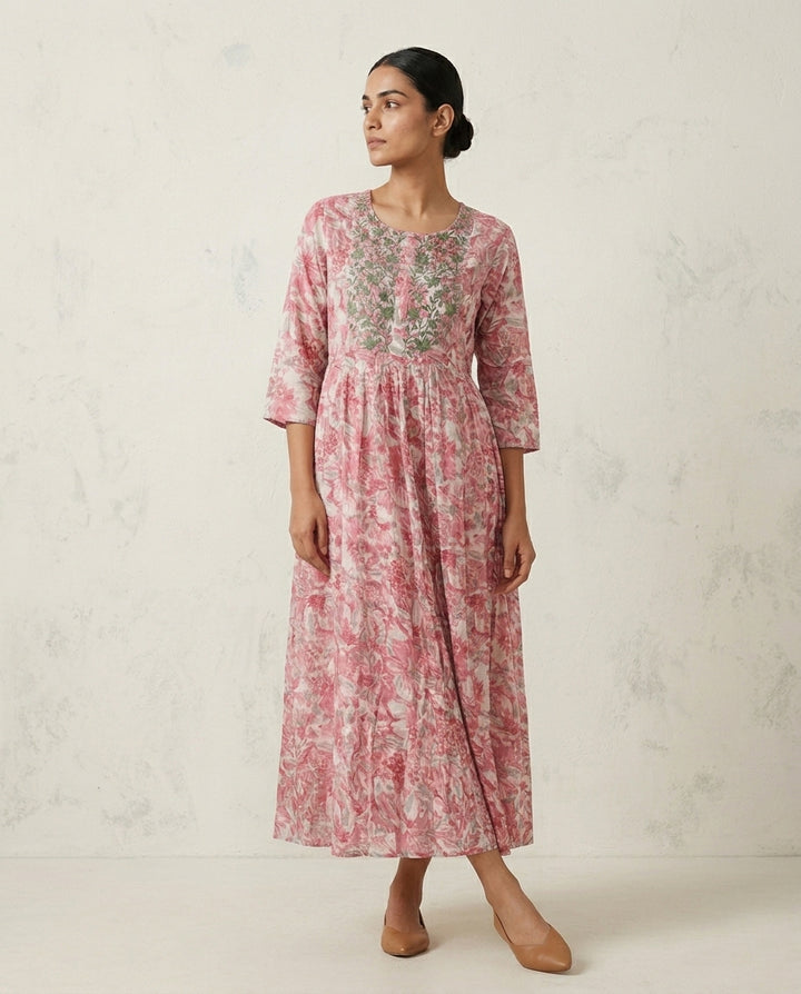 Pink Floral Printed Cotton Anarkali Kurta with Green Botanical Embroidery