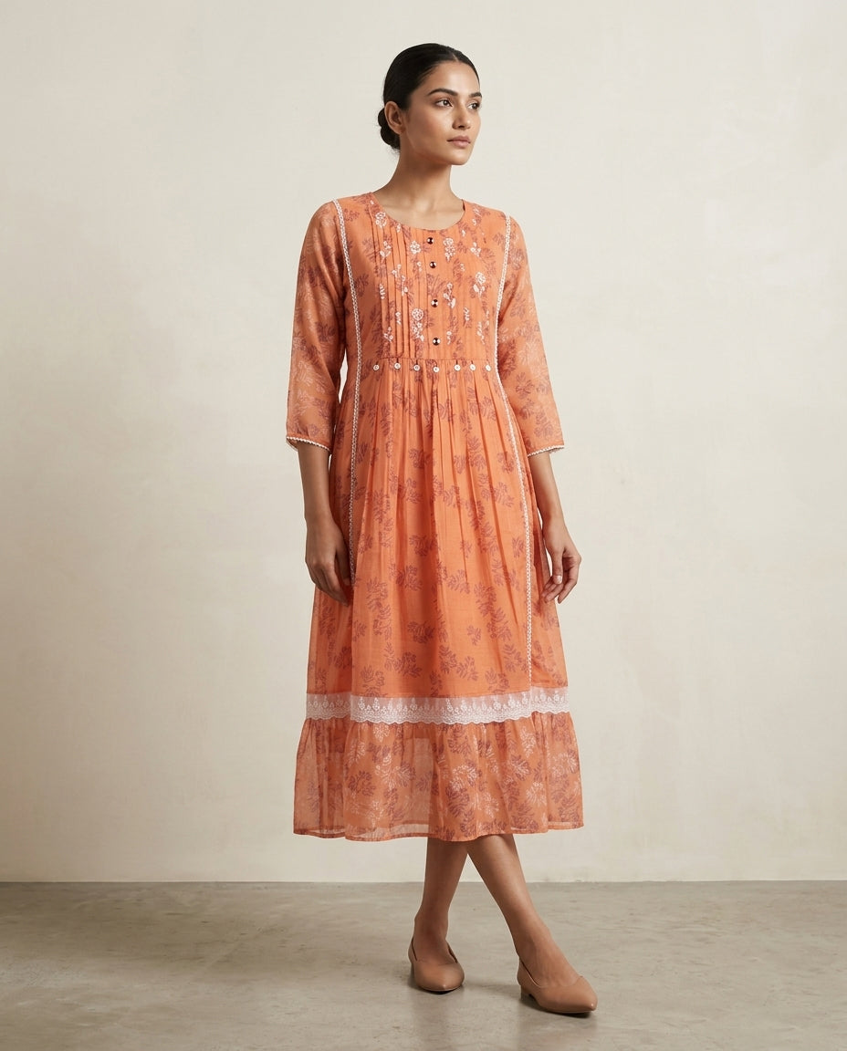 Peach "Apricot Aura" Embroidered Cotton Tiered Midi Dress