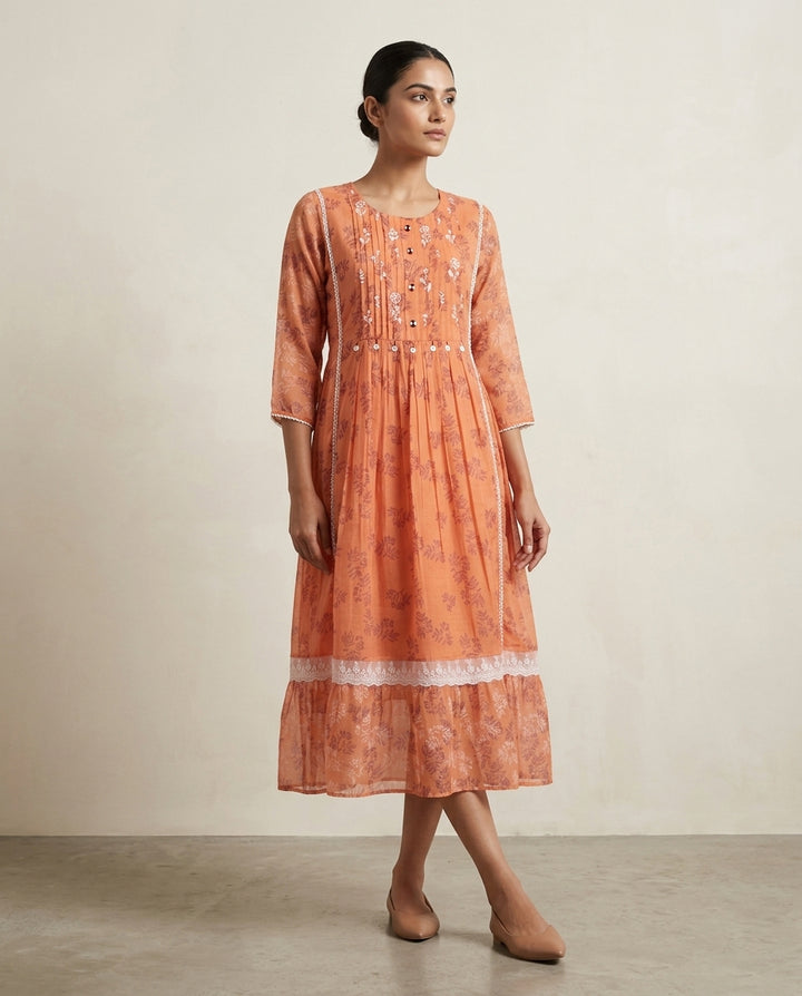 Peach "Apricot Aura" Embroidered Cotton Tiered Midi Dress