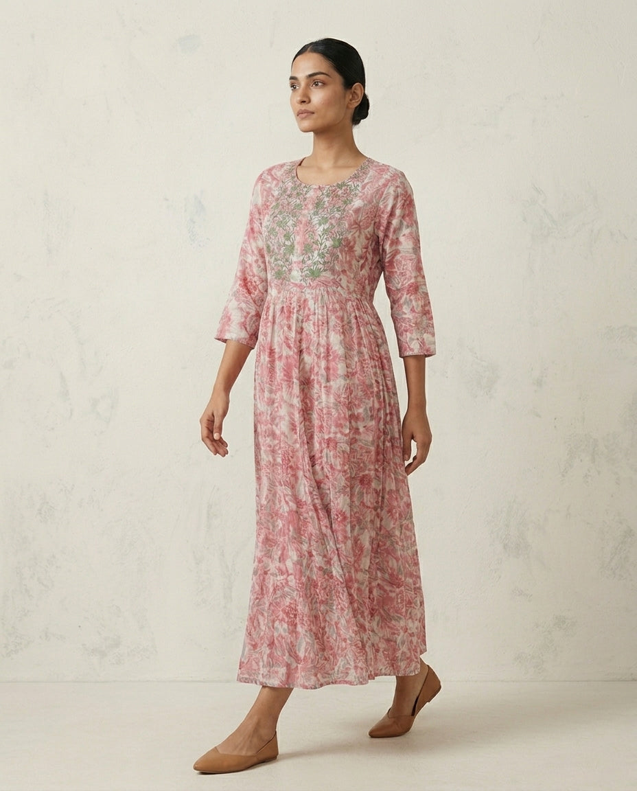 Pink Floral Printed Cotton Anarkali Kurta with Green Botanical Embroidery