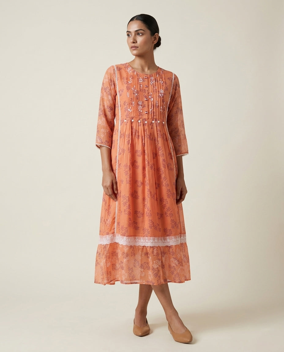 Peach "Apricot Aura" Embroidered Cotton Tiered Midi Dress