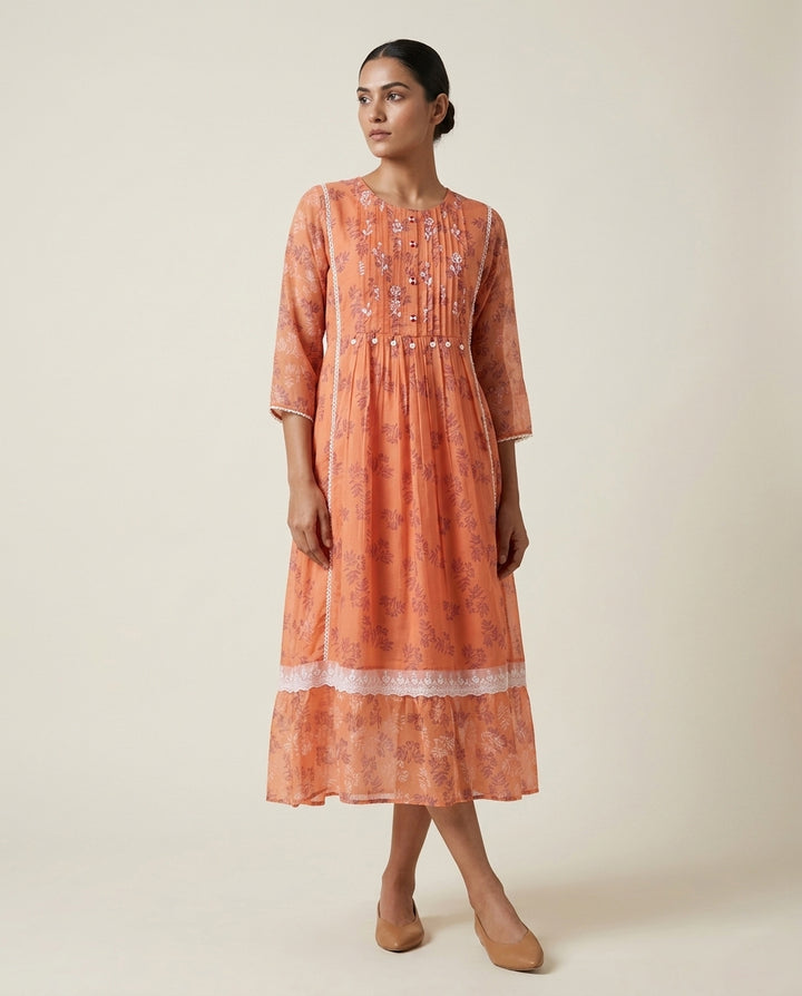 Peach "Apricot Aura" Embroidered Cotton Tiered Midi Dress