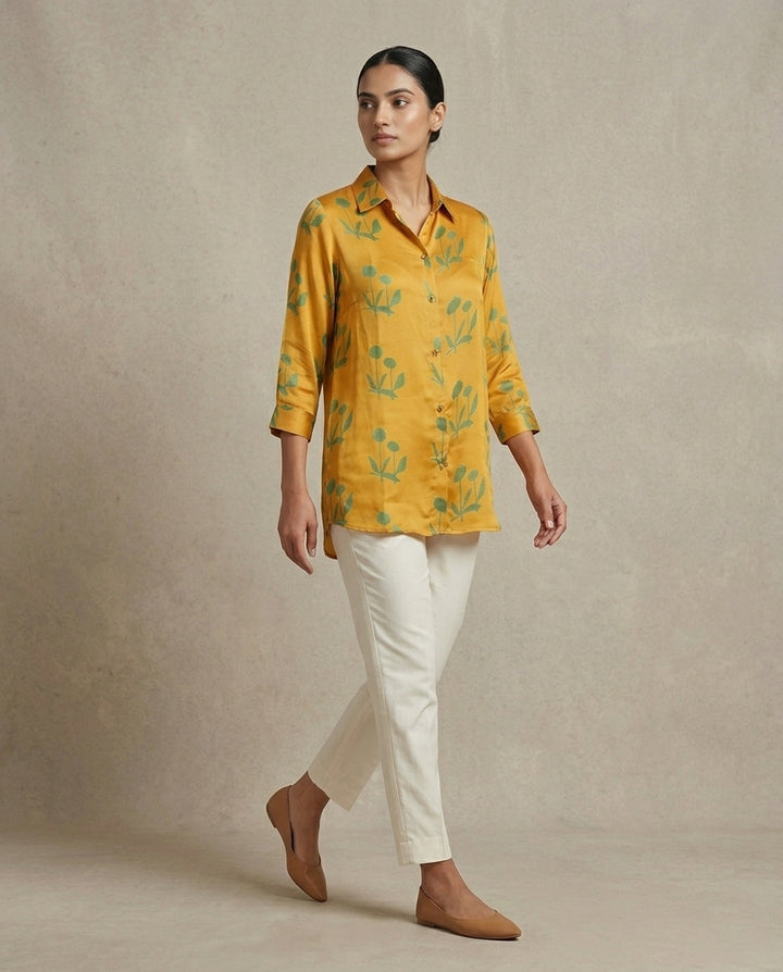 Ochre Botanical Gajji Silk  Shirt