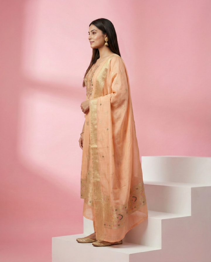 Light Orange Organza Georgette Straight 3 Piece set