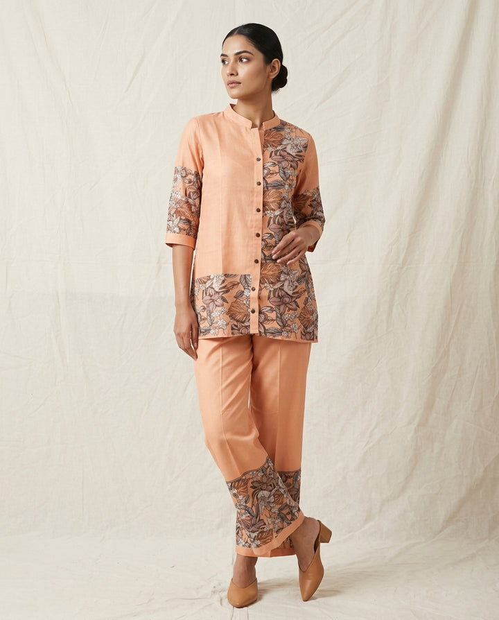 Peach Asymmetrical Floral Printed Linen Co-Ord Set