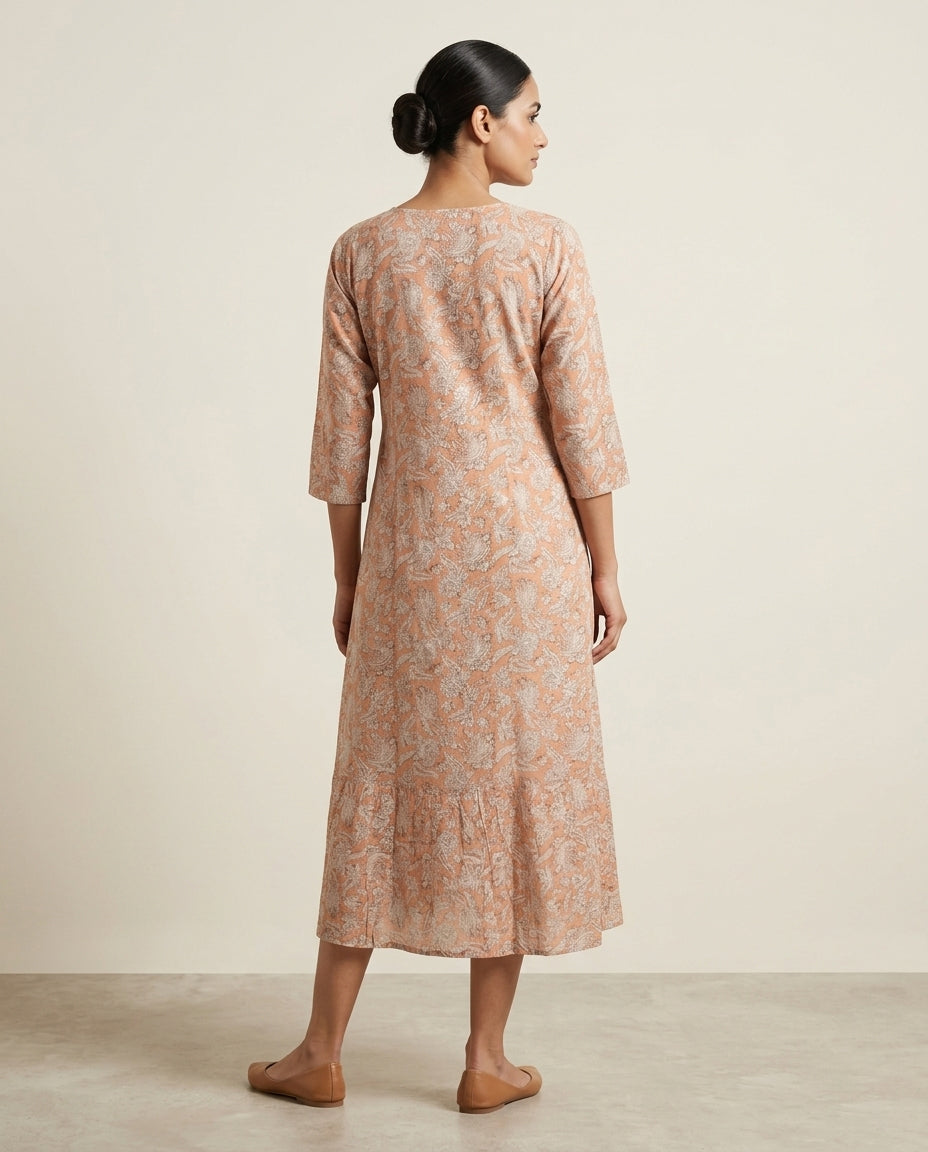 Peach "Garden Grace" Pleated Cotton A-Line Midi Dress