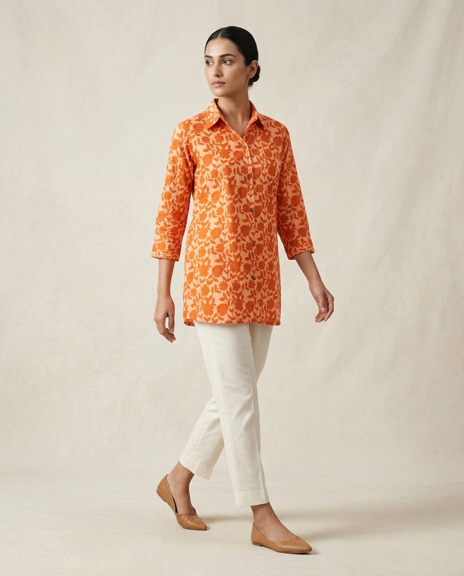 Sunset Orange Floral Damask Tunic Set
