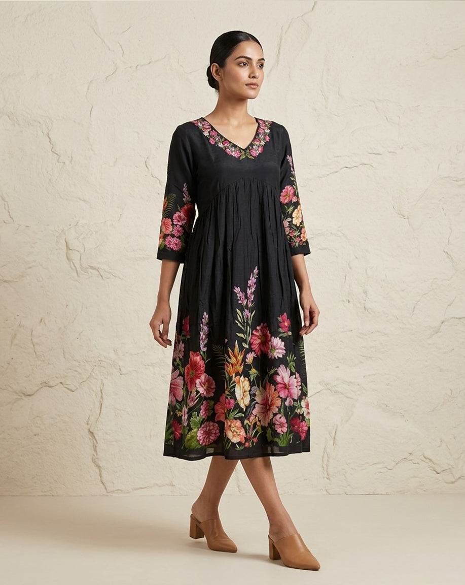 Jet Black Floral Printed Cotton A-Line Kurta with Embroidered Neckline