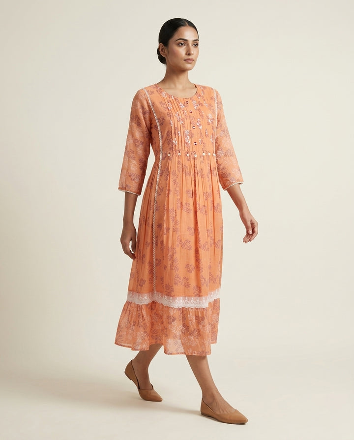 Peach "Apricot Aura" Embroidered Cotton Tiered Midi Dress