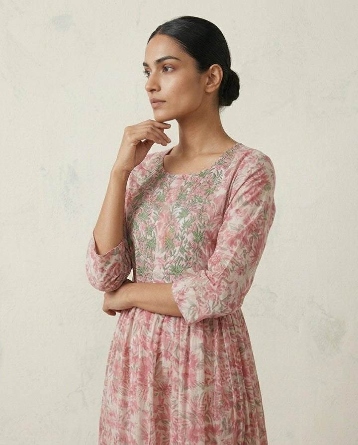Pink Floral Printed Cotton Anarkali Kurta with Green Botanical Embroidery