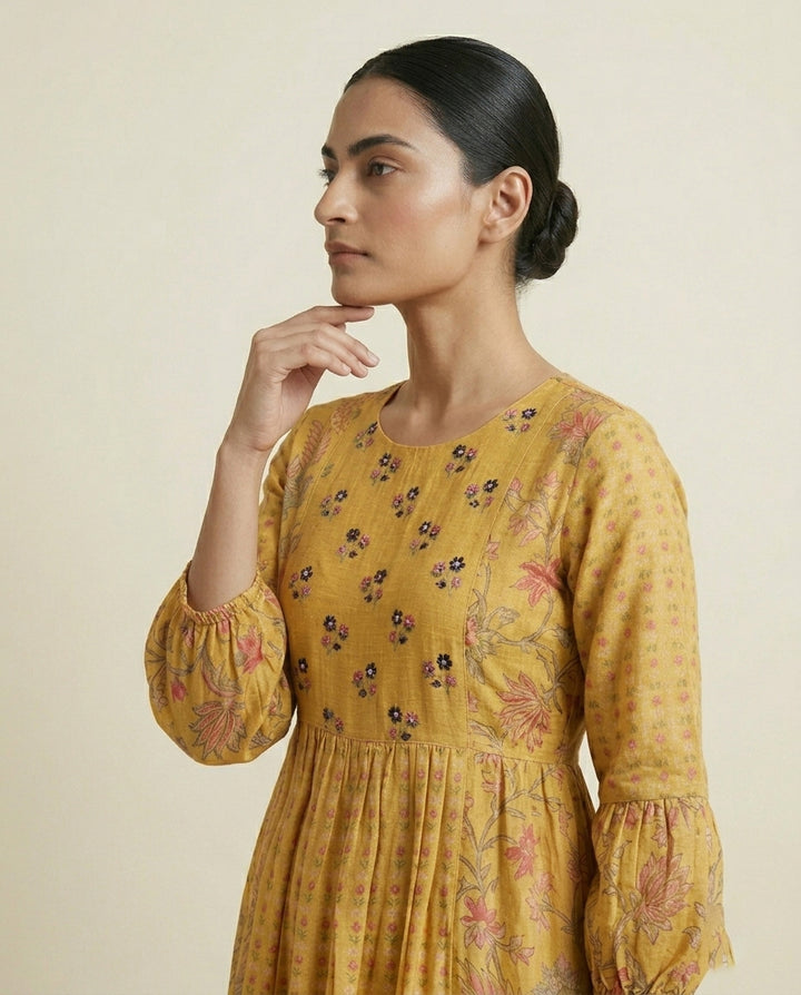 Mustard Yellow "Gilded Meadow" Embroidered Cotton A-Line Midi Dress