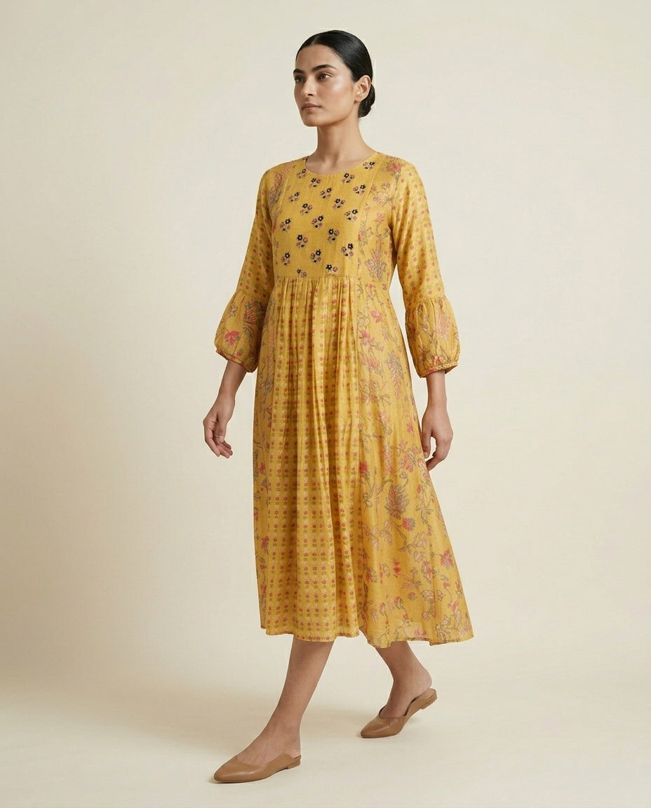 Mustard Yellow "Gilded Meadow" Embroidered Cotton A-Line Midi Dress
