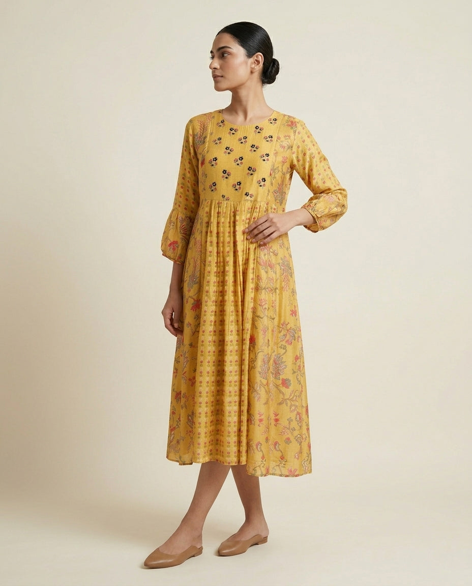 Mustard Yellow "Gilded Meadow" Embroidered Cotton A-Line Midi Dress