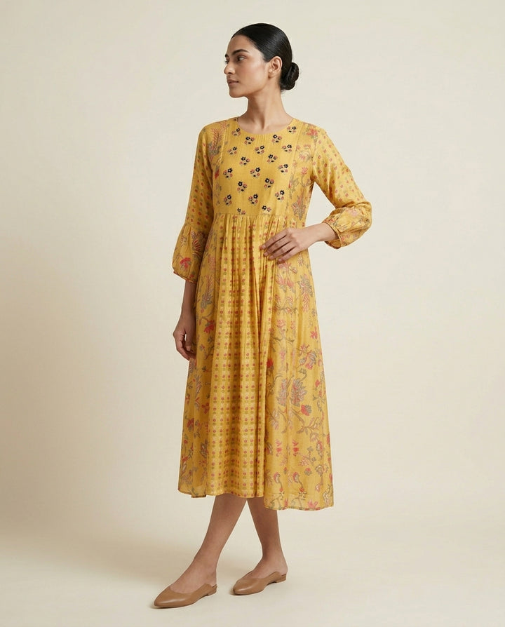 Mustard Yellow "Gilded Meadow" Embroidered Cotton A-Line Midi Dress