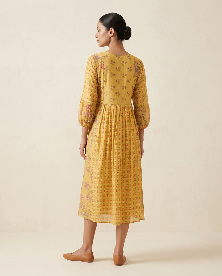 Mustard Yellow "Gilded Meadow" Embroidered Cotton A-Line Midi Dress
