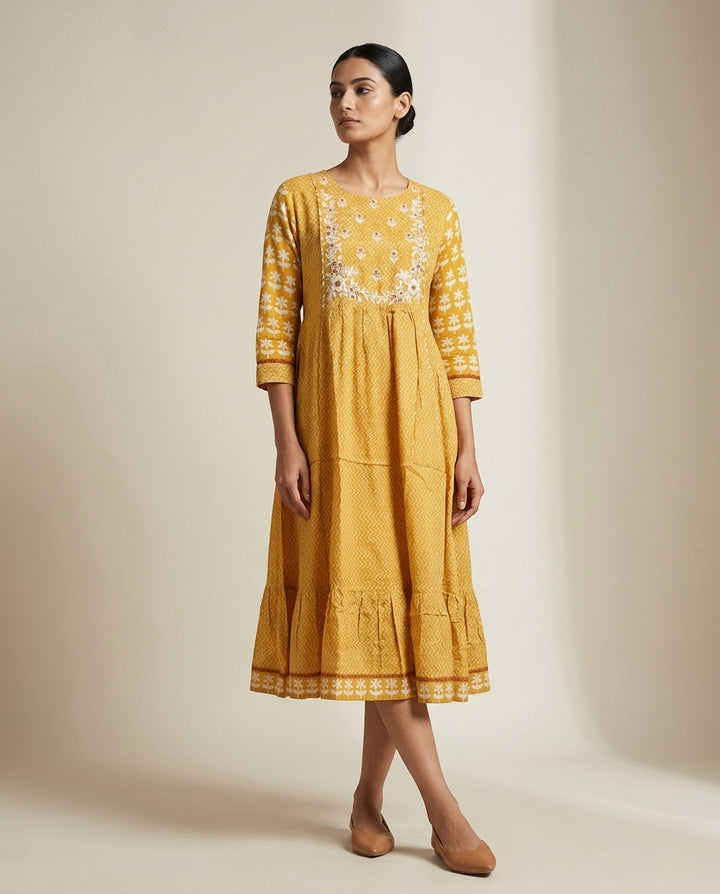 Mustard Yellow Floral Embroidered Cotton Tiered Anarkali Kurta