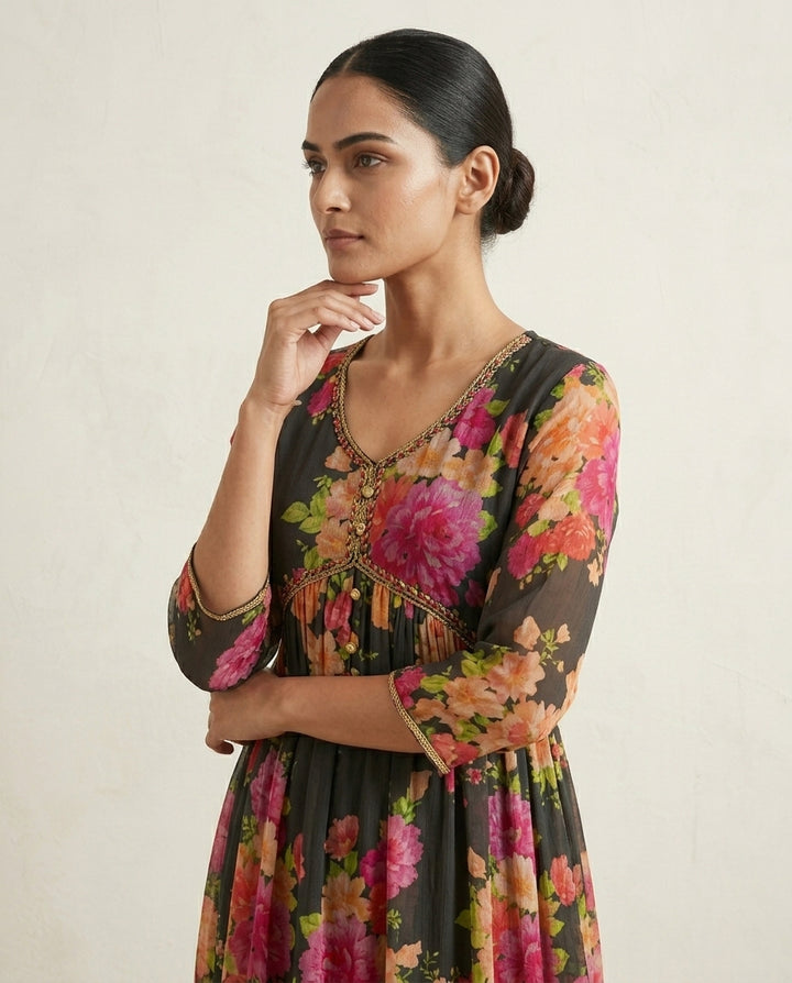Charcoal Black All-Over Vibrant Floral Printed Cotton Anarkali Kurta