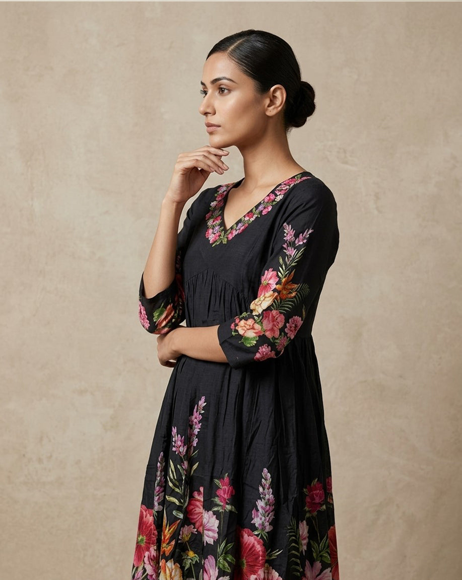 Jet Black Floral Printed Cotton A-Line Kurta with Embroidered Neckline