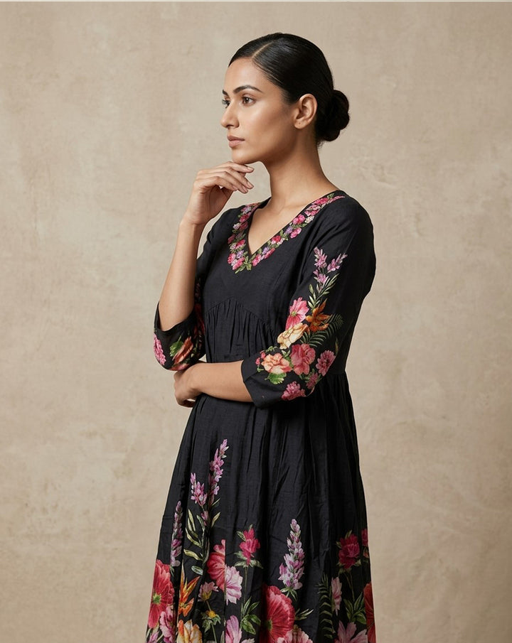 Jet Black Floral Printed Cotton A-Line Kurta with Embroidered Neckline