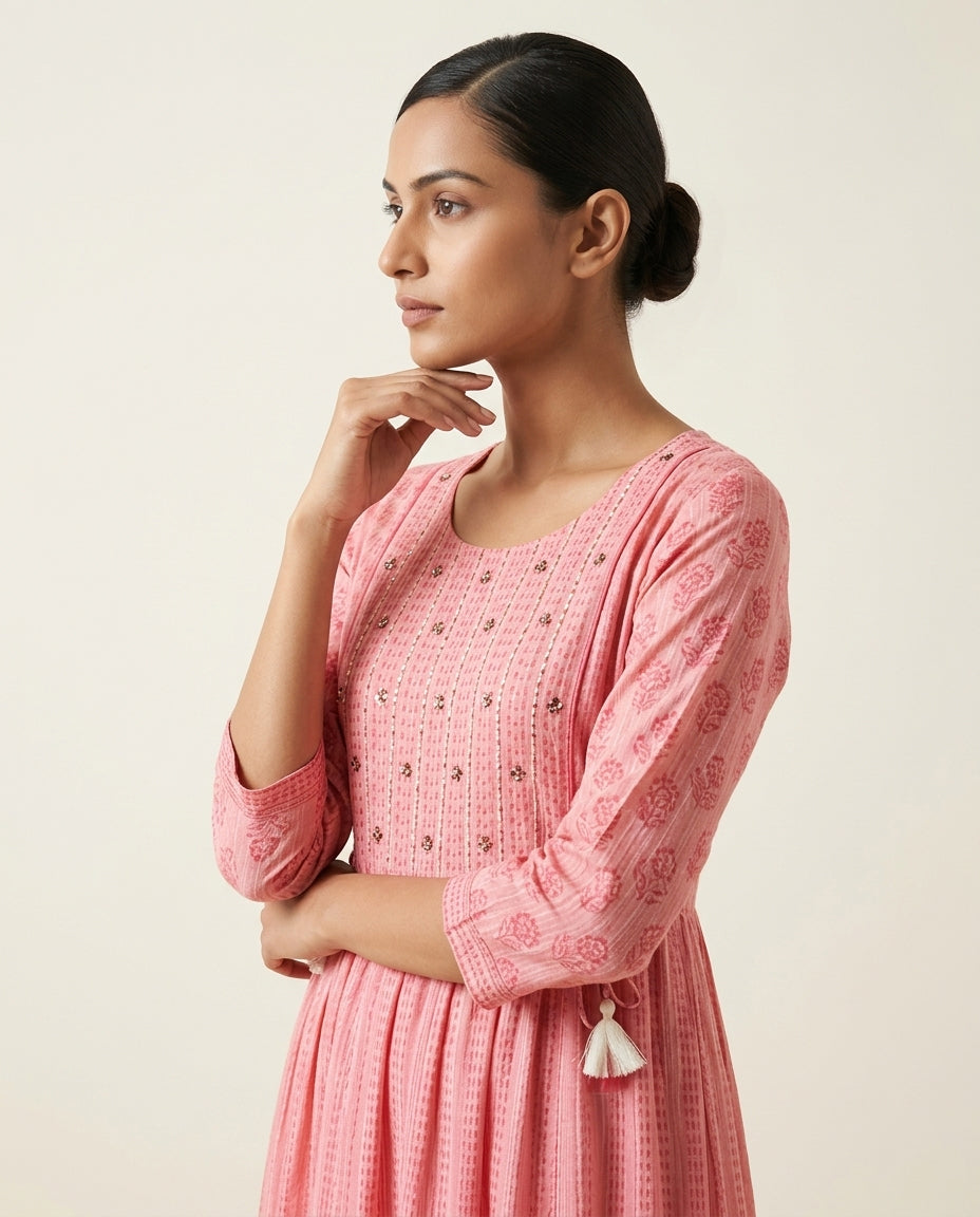 Pink "Rose Ribbon" Tassel-Detail Cotton Tiered Midi Dress