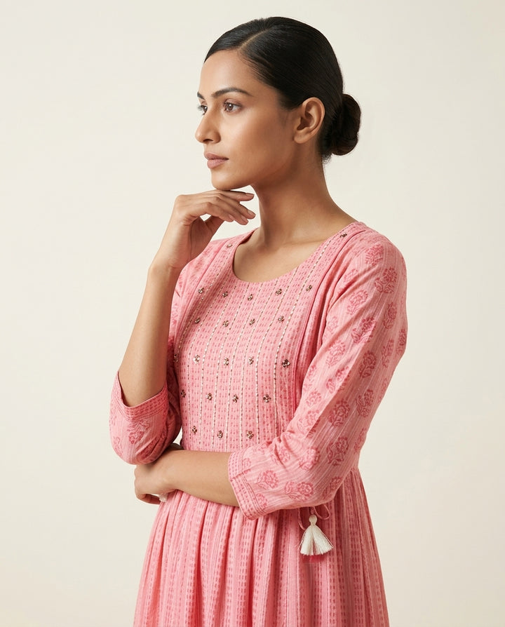 Pink "Rose Ribbon" Tassel-Detail Cotton Tiered Midi Dress