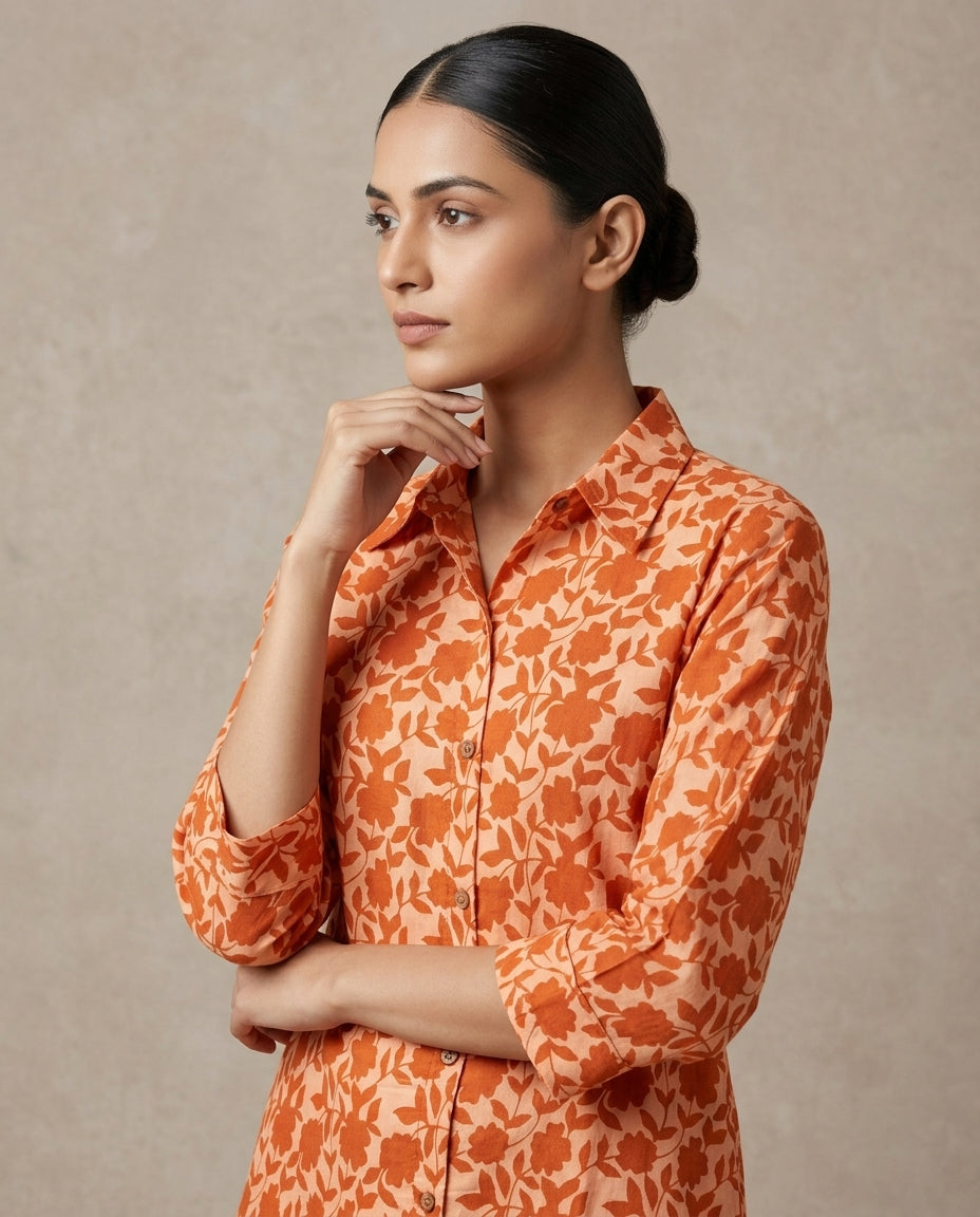 Sunset Orange Floral Damask Tunic Set