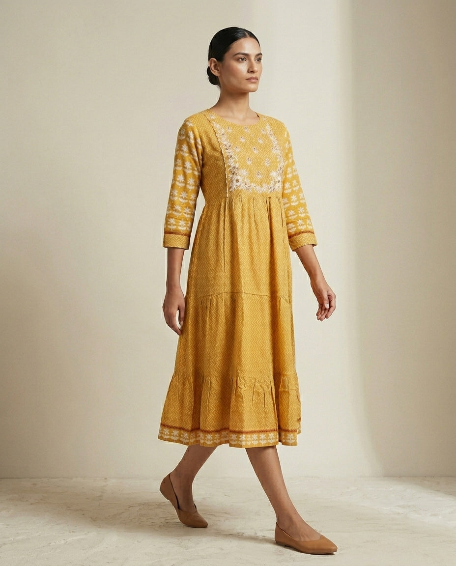 Mustard Yellow Floral Embroidered Cotton Tiered Anarkali Kurta