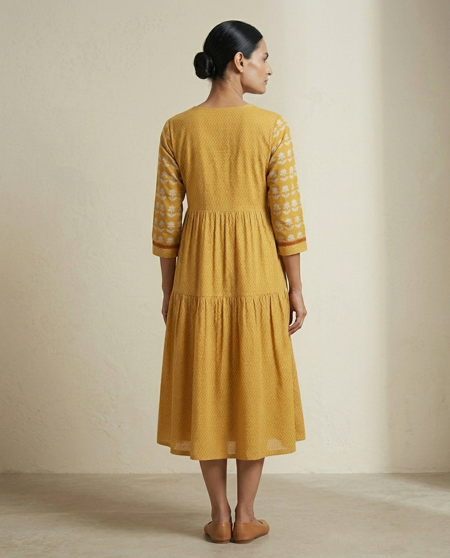 Mustard Yellow Floral Embroidered Cotton Tiered Anarkali Kurta