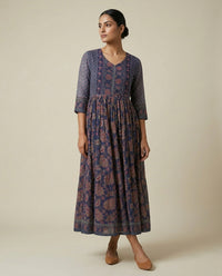 Indigo Blue Floral Printed Cotton Tiered Anarkali Kurta 1