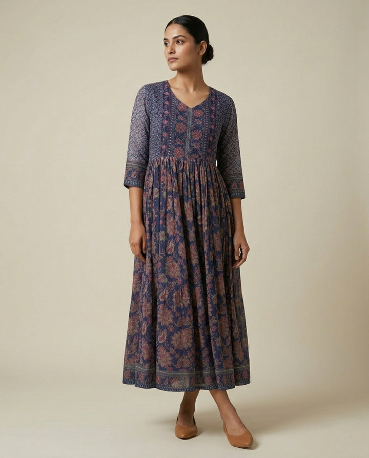 Indigo Blue Floral Printed Cotton Tiered Anarkali Kurta