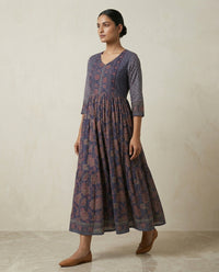 Indigo Blue Floral Printed Cotton Tiered Anarkali Kurta 4