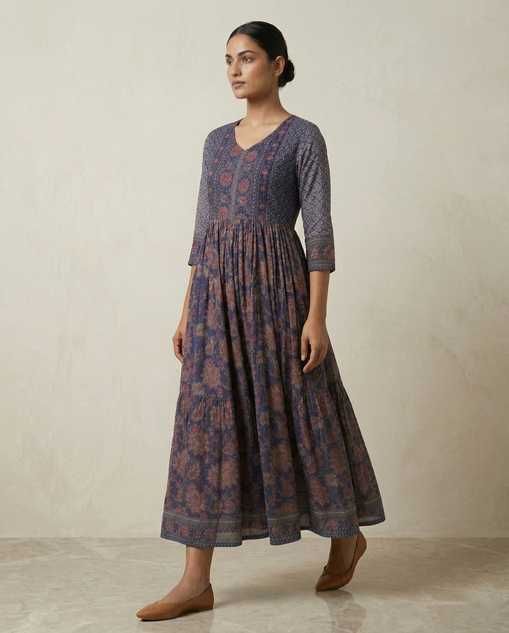 Indigo Blue Floral Printed Cotton Tiered Anarkali Kurta