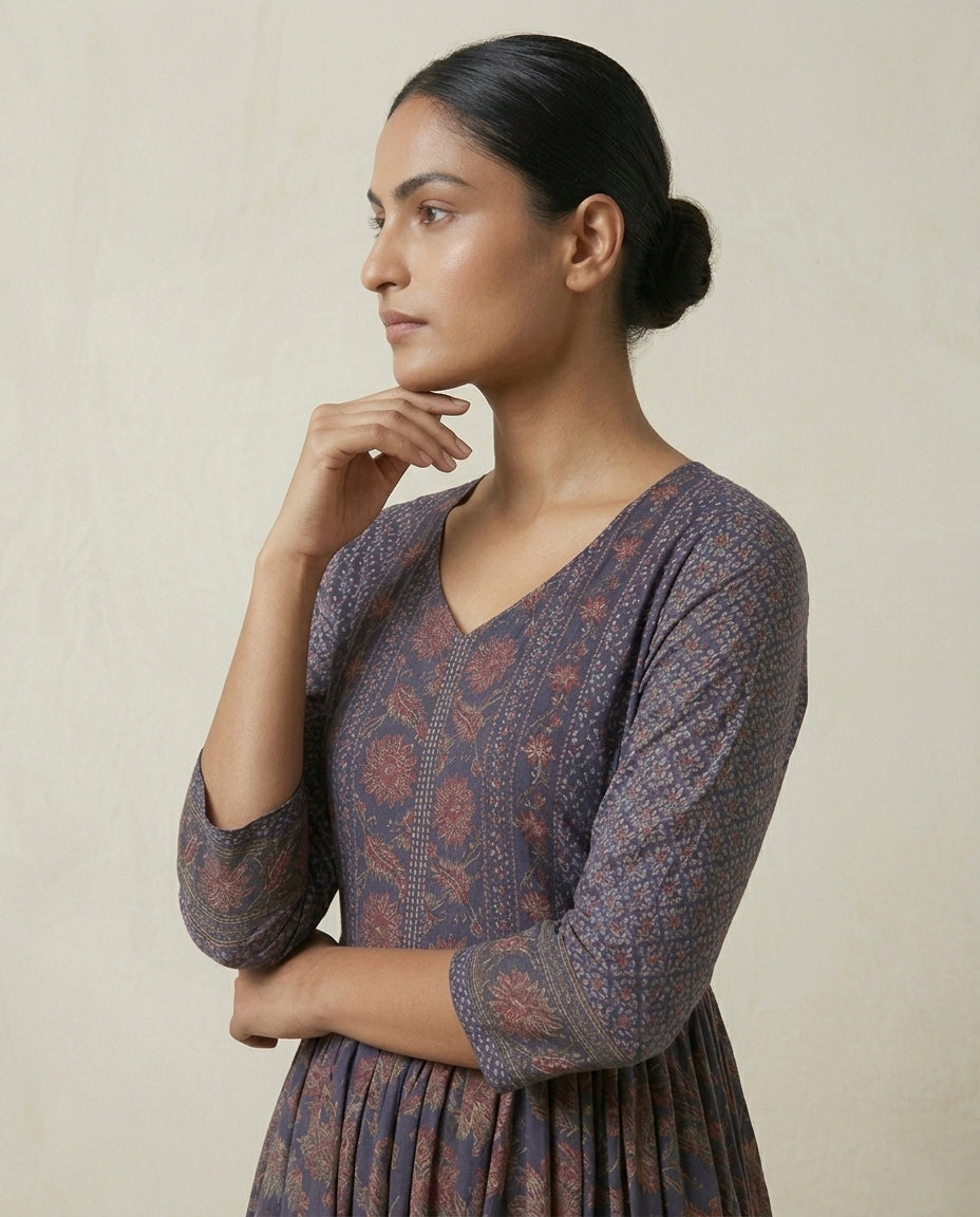 Indigo Blue Floral Printed Cotton Tiered Anarkali Kurta