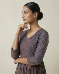 Indigo Blue Floral Printed Cotton Tiered Anarkali Kurta 3