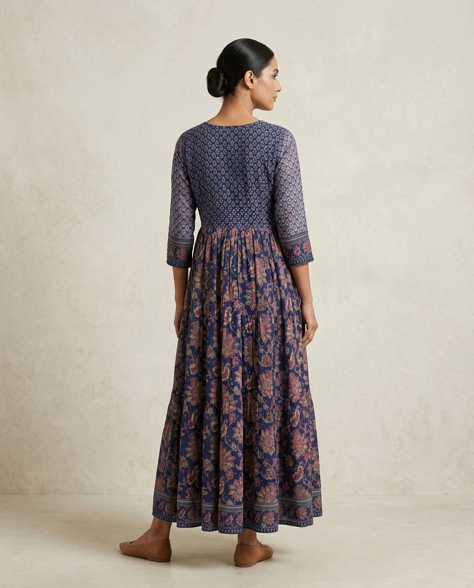Indigo Blue Floral Printed Cotton Tiered Anarkali Kurta